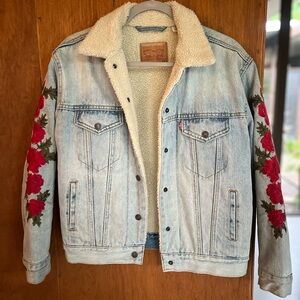 Levi's Light Blue Denim Jacket with Red Floral Sleeves